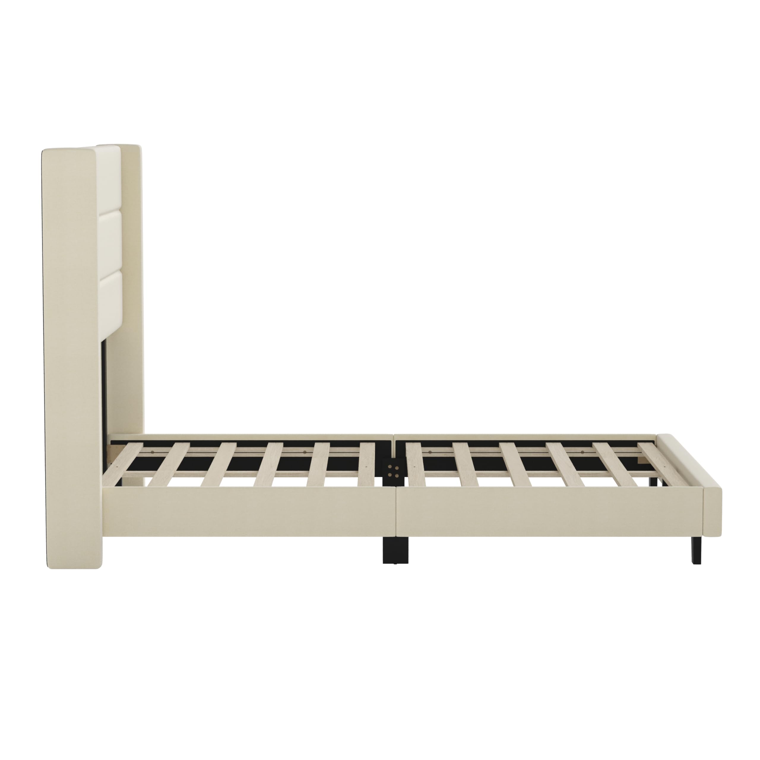 Quinn Upholstered Platform Bed Frame - Full Size with Beige Faux Linen Wingback Headboard & Slatted Mattress Support - No Box Spring Needed - Perfect for Modern Bedrooms & Guest Rooms