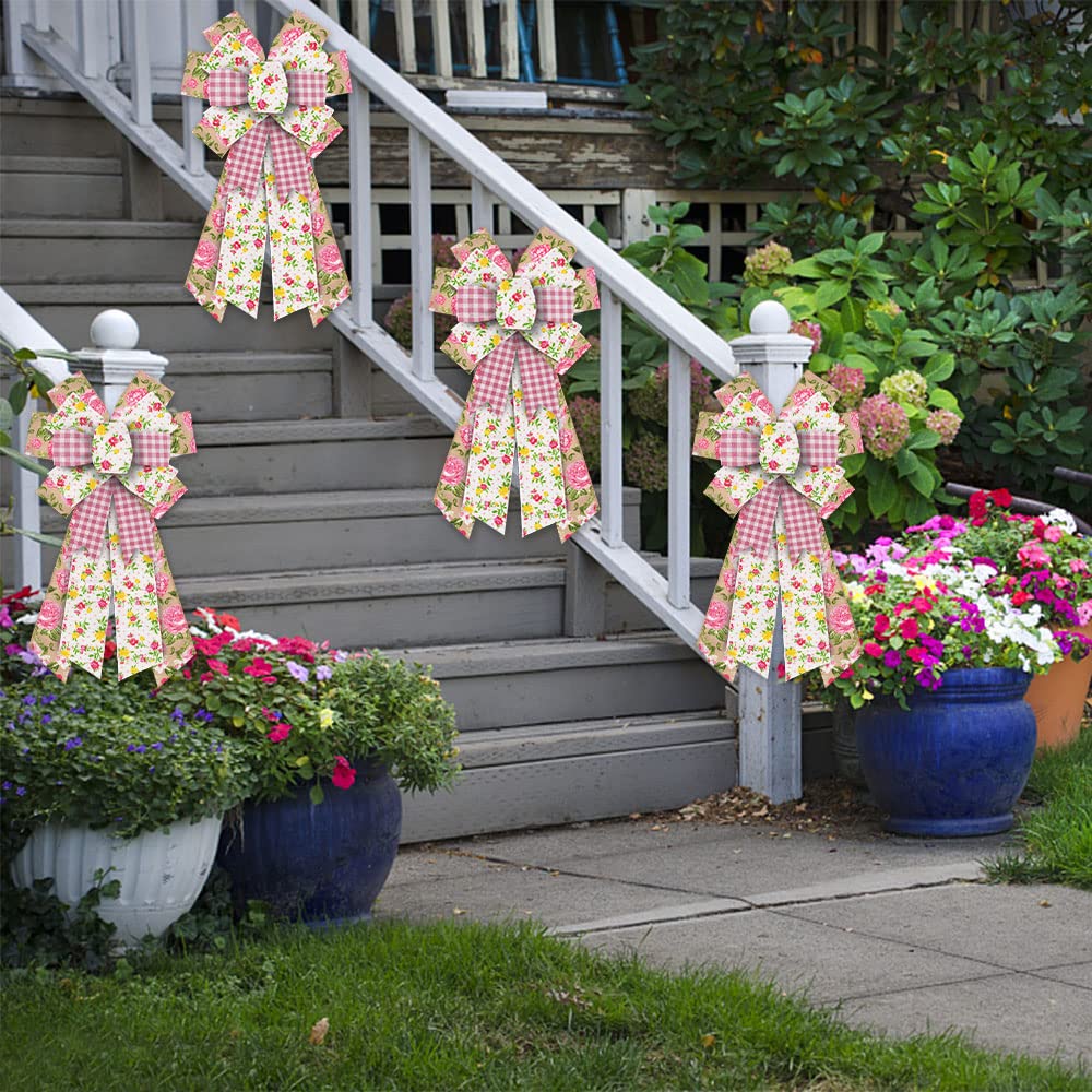ALIBBON Large Spring Wreath Bows - Pink Buffalo Plaid Burlap for Indoor/Outdoor Decor