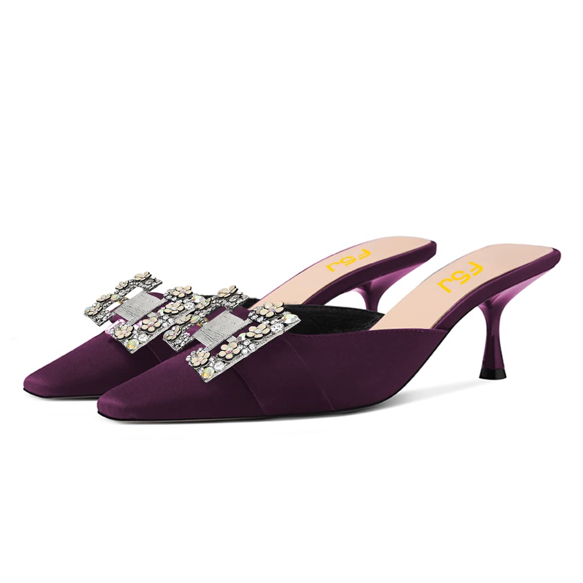 FSJ Women's Rhinestone Floral Square Toe Mule Sandals - Low Kitten Heel Slip On Slides with Metal Buckle, Backless Dressy Slippers for Evening Wear (US Size 4-15) | Perfect for Weddings, Parties & Summer Outfits