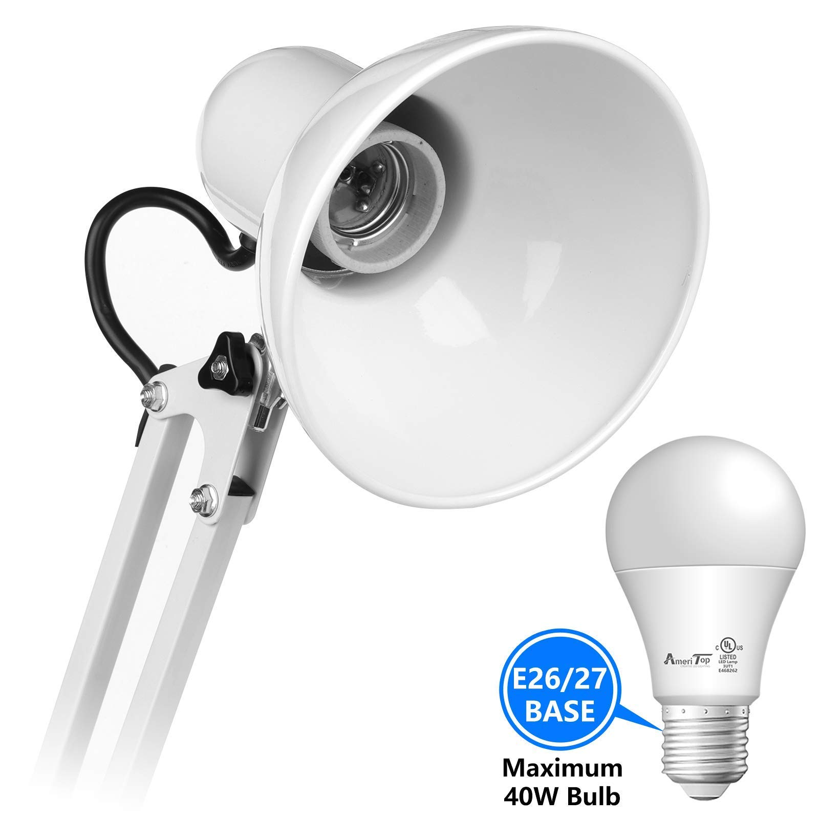 AmeriTop Adjustable Metal Desk Lamp with Interchangeable Base/Clamp & 6-Pack 3000K Warm White A19 LED Bulbs - Perfect for Home Office, Study, Reading, and Bedroom Lighting