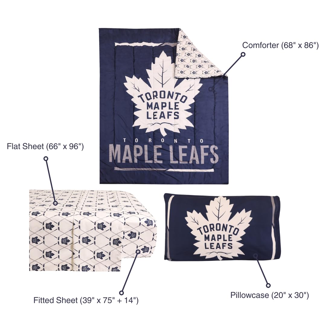 Toronto Maple Leafs Twin Bedding Set – 4-Piece NHL Comforter Set with Fitted Sheet, Flat Sheet & Pillowcase – Soft & Cozy Hockey Fan Bedroom Decor (Official NHL Licensed Product) – Perfect for Kids' Rooms, Game Day Theming, and NHL Fan Gifts
