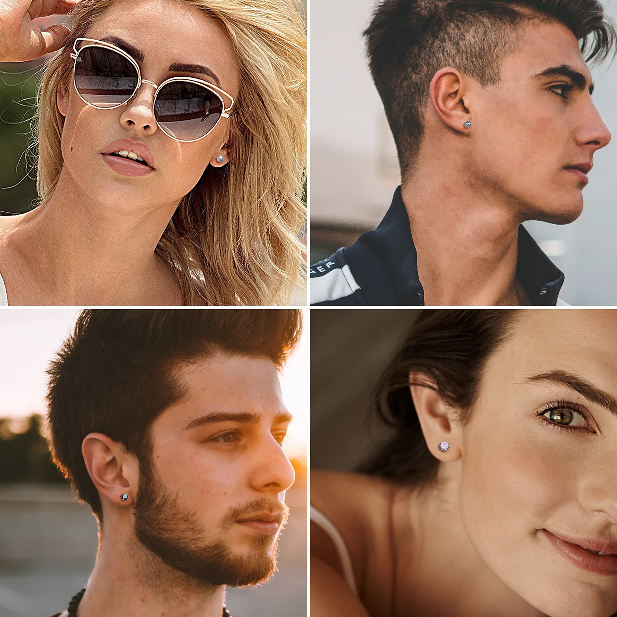 FIOROYAL 4 Pairs Titanium Earrings Studs for Women & Men - Opal, Moonstone, Onyx & Cubic Zirconia Flat Back Cartilage Earrings | Hypoallergenic, Comfort Fit for Daily Wear & Special Occasions