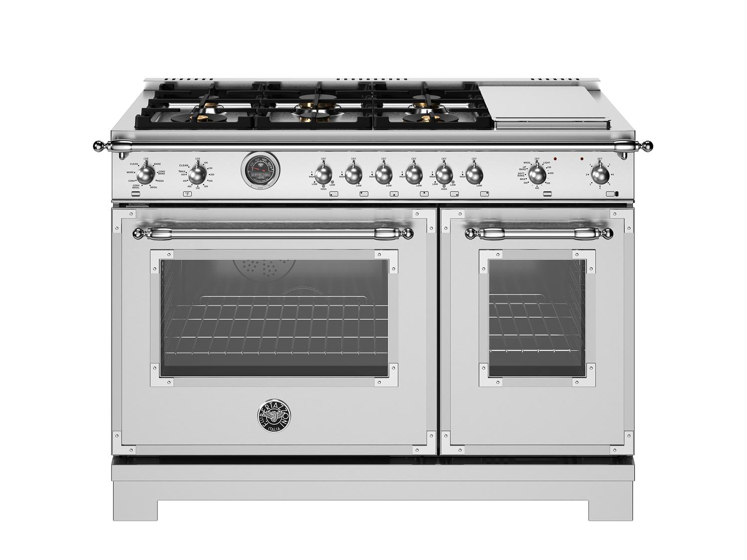 Bertazzoni HER486BTFEPXT 48 Inch Dual Fuel Range with 6 Brass Burners & Griddle - Stainless Steel Electric Self-Cleaning Oven for Professional Home Cooking & Entertaining