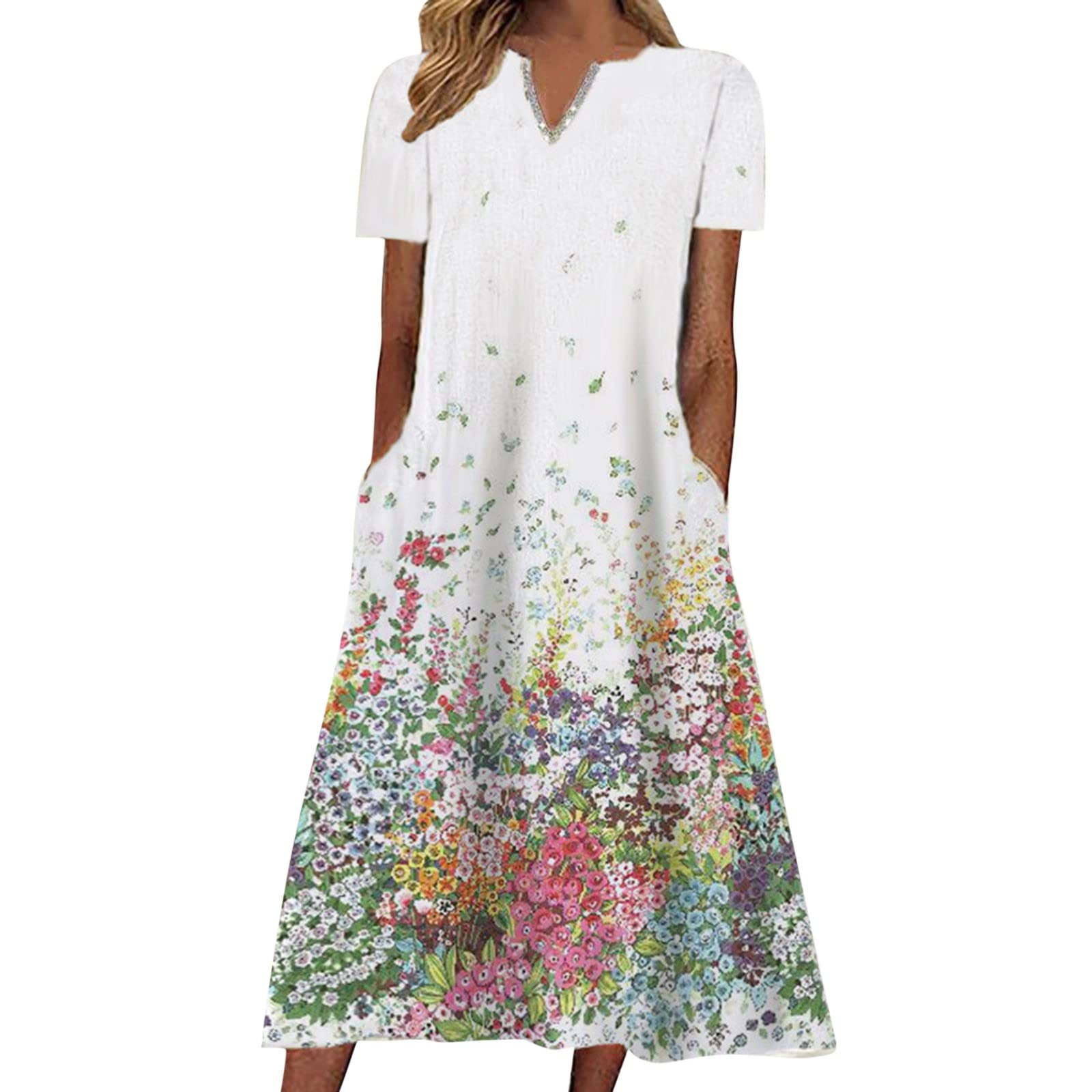 Women's Floral Print V-Neck Short Sleeve Maxi Dress with Pockets - Casual Summer Sling Dress for Beach, Party & Everyday Wear