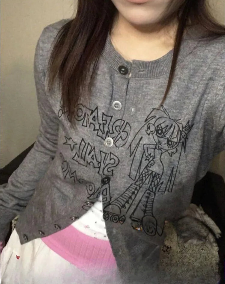 Anime Women's Knitwear Cardigan Coat - Cute O-Neck Casual Pullover Sweater for Fall Winter 2024 | Cozy Layering & Anime Fashion Outfits