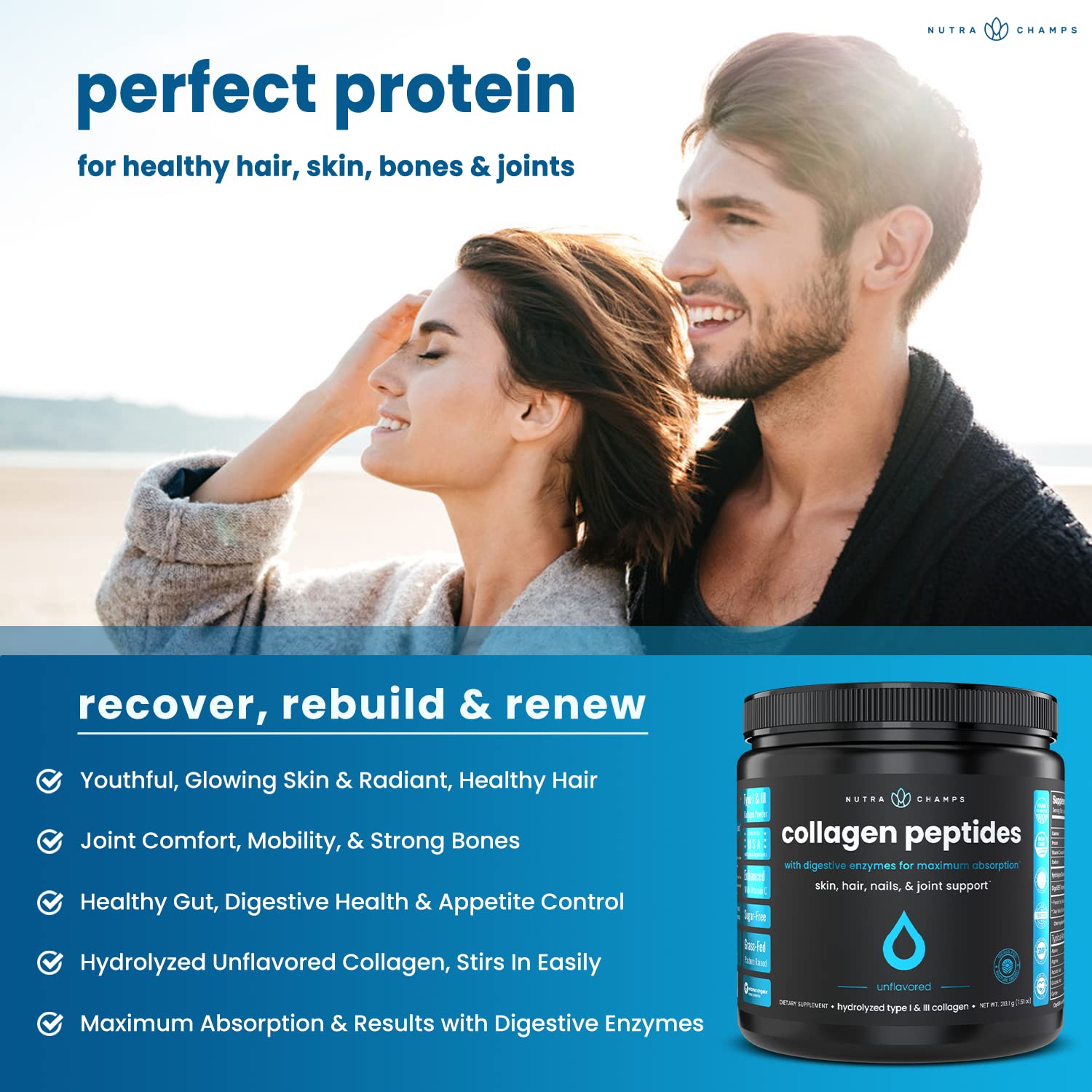 NutraChamps Super Greens Powder with Collagen Peptides - Organic Superfood Supplement for Detox & Skin Health - Perfect for Smoothies, Shakes & Daily Wellness Routine