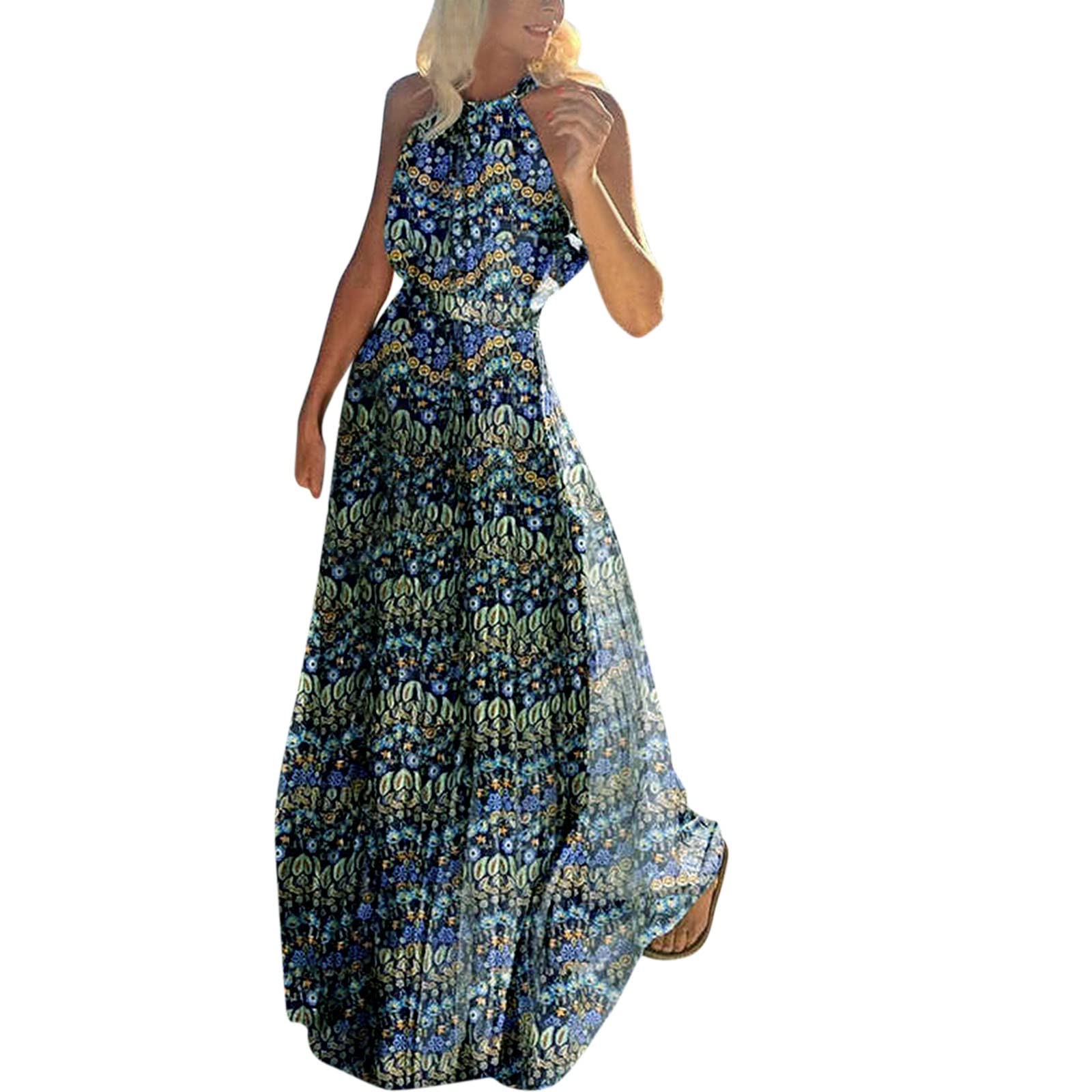 Women's Halter Polka Dot Print Maxi Dress - Sleeveless Pleated Backless Zipper Summer Dress for Beach Vacation, Party & Casual Wear