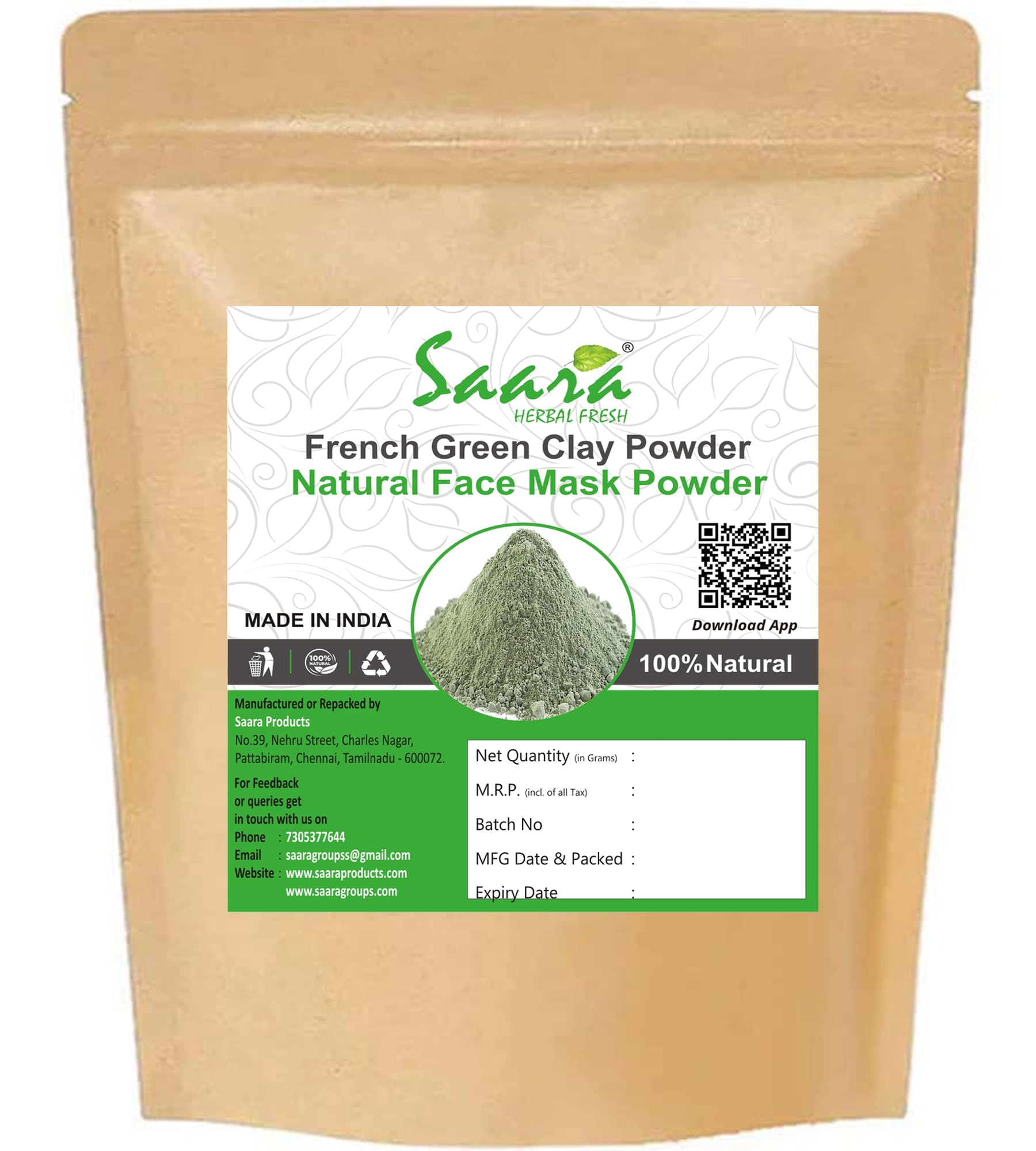 Saara HERBAL FRESH French Green Clay Powder 300g (3 x 100g) | Pure & Natural Face & Body Mask for All Skin Types | Detoxifying Skincare for Acne, Blackheads & Oily Skin | DIY Facial, Body Scrub & Spa Treatment at Home