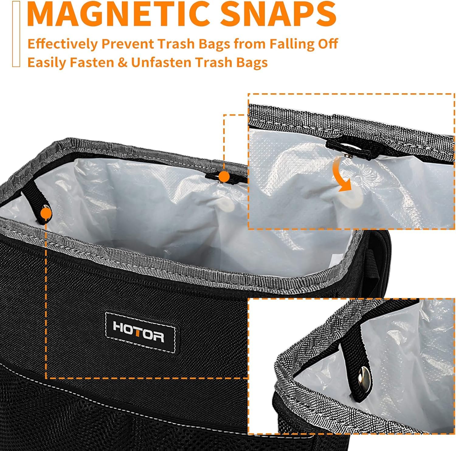 HOTOR 3 Gallon Car Trash Can - Large Capacity Waterproof Vehicle Organizer with Adjustable Straps & Magnetic Snaps - Perfect for Road Trips, Camping & Daily Commute - Black