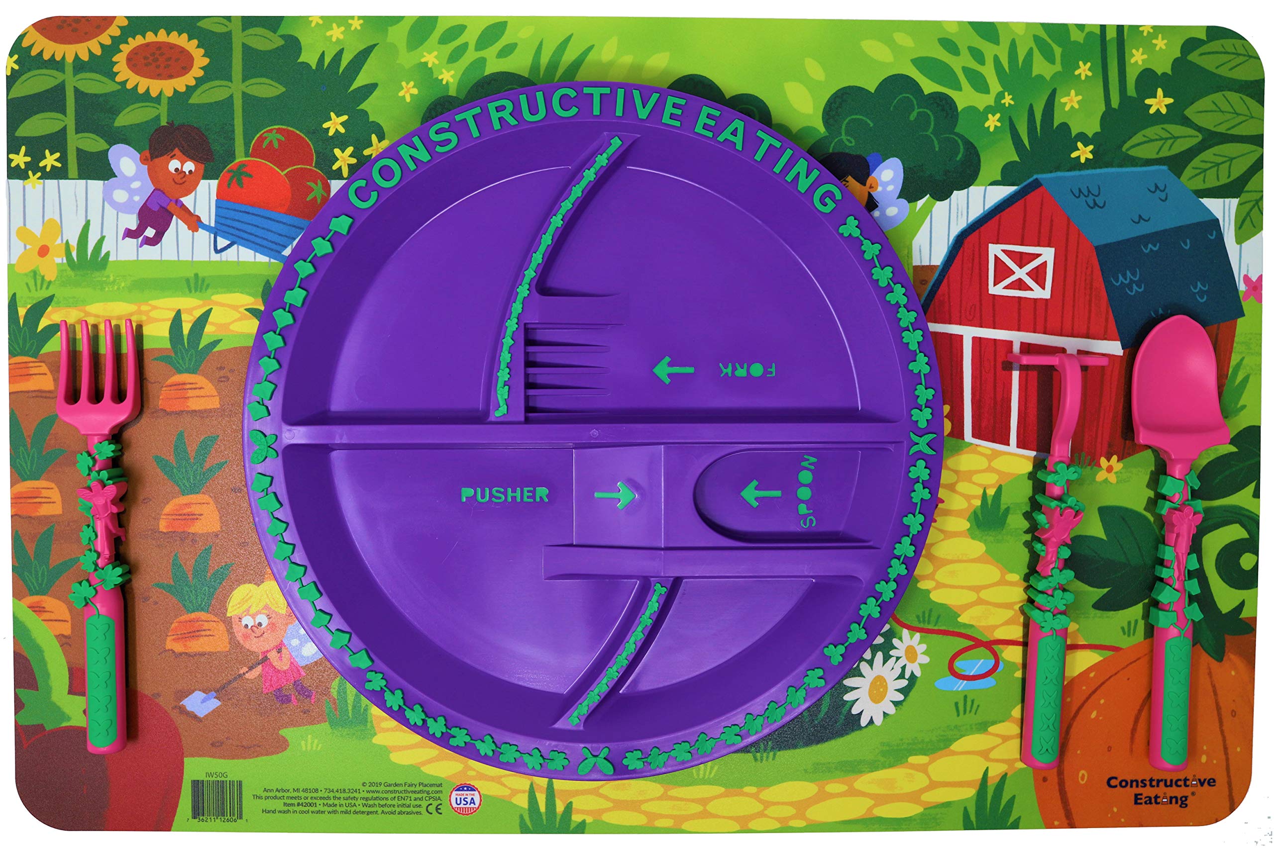 Constructive Eating Garden Fairy Plate, Placemat and Utensil Set for Kids - Fun & Educational Toddler Mealtime Set with Fork, Spoon & Non-Slip Mat - Perfect for Birthday Gifts, Parties & Learning Healthy Eating Habits