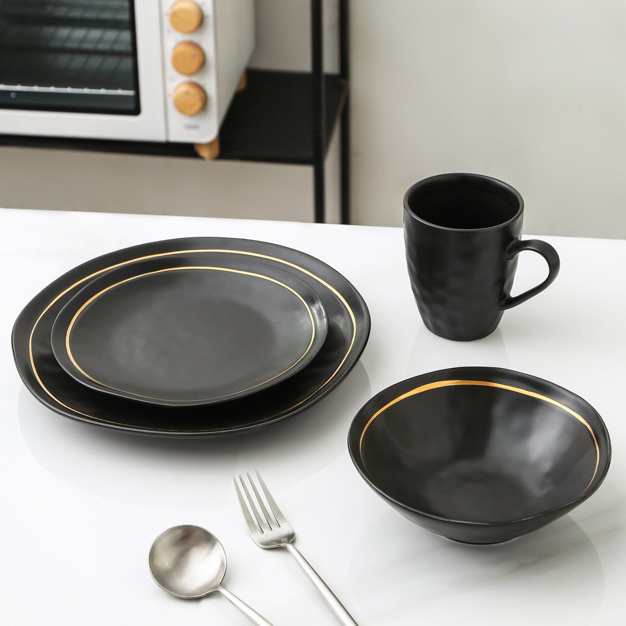 Premium Clara Porcelain 16-Piece Dinnerware Set - Elegant Black Tableware for Formal Dining & Entertaining - Perfect for Dinner Parties, Holidays & Special Occasions
