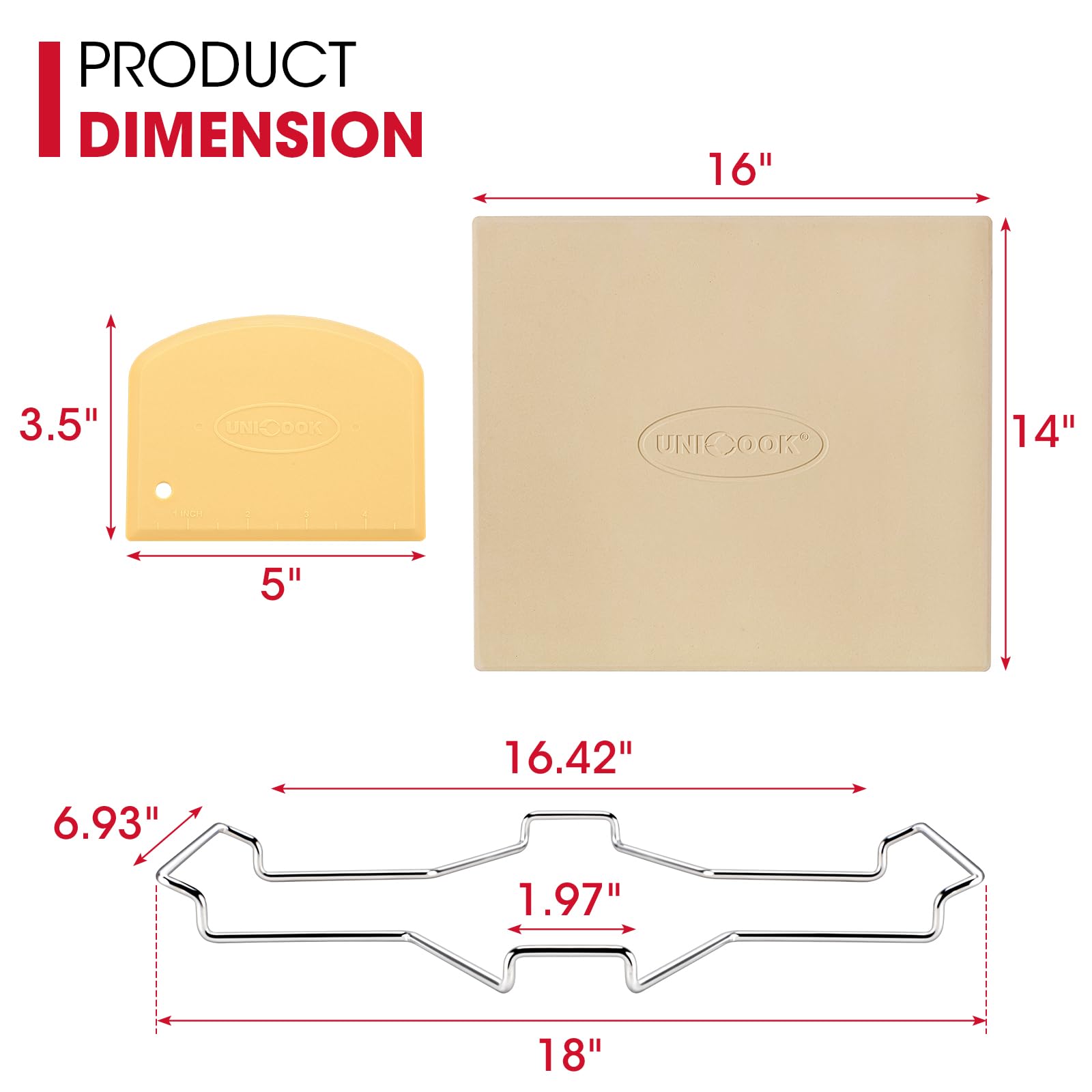 Unicook 16 x 14 Inch Cordierite Pizza Stone for Oven & Grill - Rectangular Baking Stone for Bread, Pizza, Cookies - Includes Carry Rack & Dough Scraper - Perfect for Home Baking, Outdoor BBQ & Restaurant Use