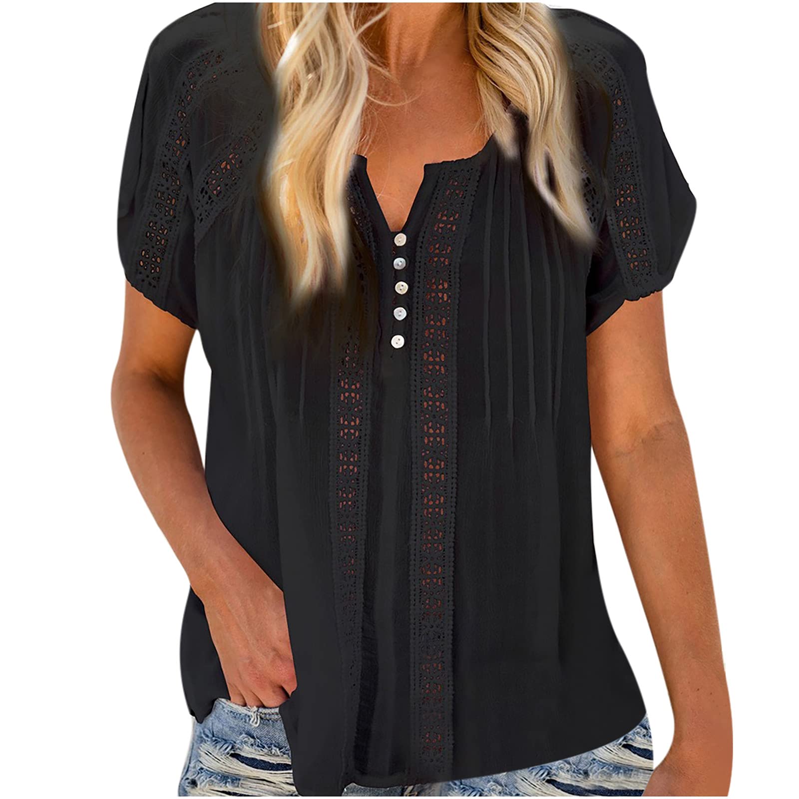 Women's Short Sleeve Lace Crochet Tunic Top - Casual Button Down Blouse with Eyelet Detail - Solid Color Summer T-Shirt (Black) for Work, Vacation & Everyday Wear