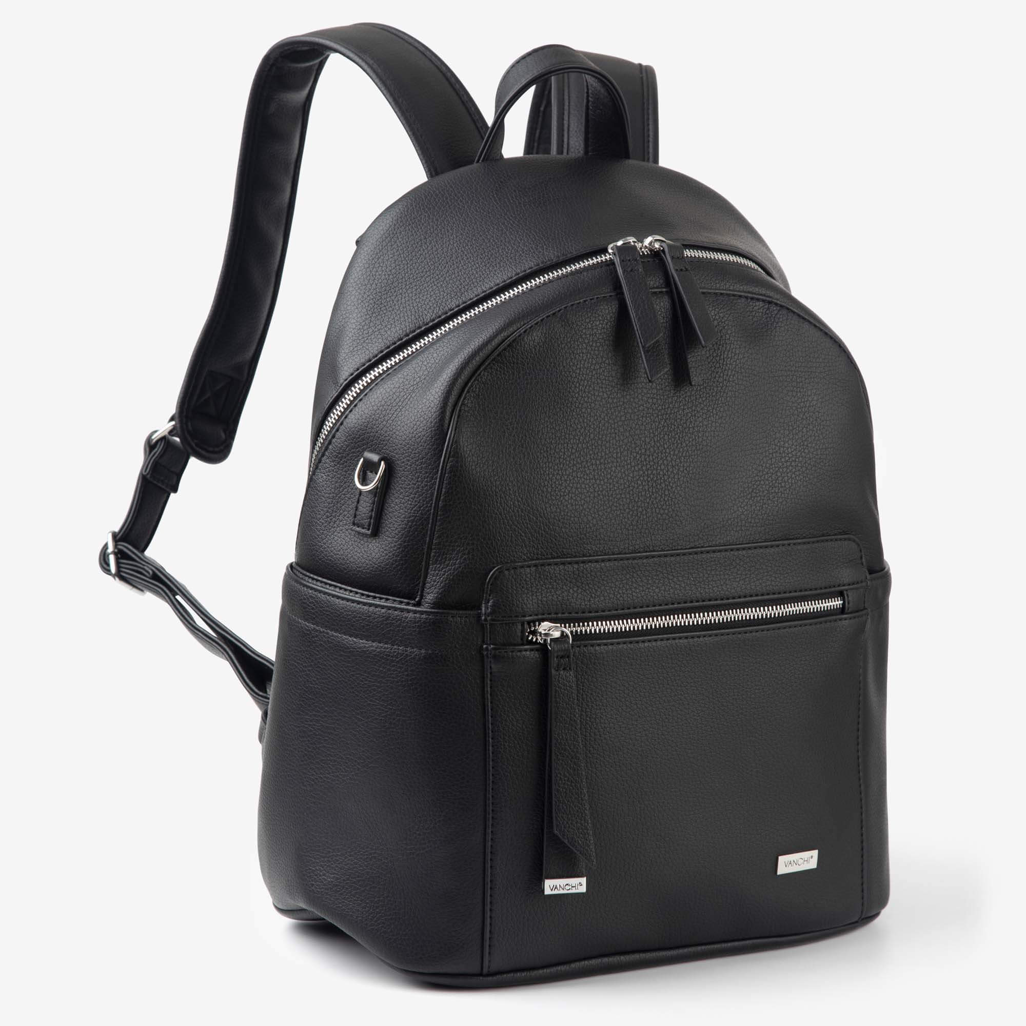 Vanchi Vegan Leather Manhattan 2-Way Backpack Diaper Bag - Stylish & Spacious Black Baby Bag for Moms - Perfect for Travel, Work & Daily Use