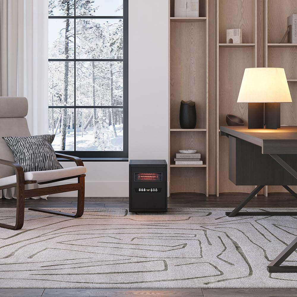 Modern Ember Portable Rolling Infrared Space Heater with LED Touchscreen & Remote Control | 1500W Fast Heating | 12H Timer | Overheat Protection | Black Oak Wood Finish | Perfect for Bedroom, Office & Basement Heating