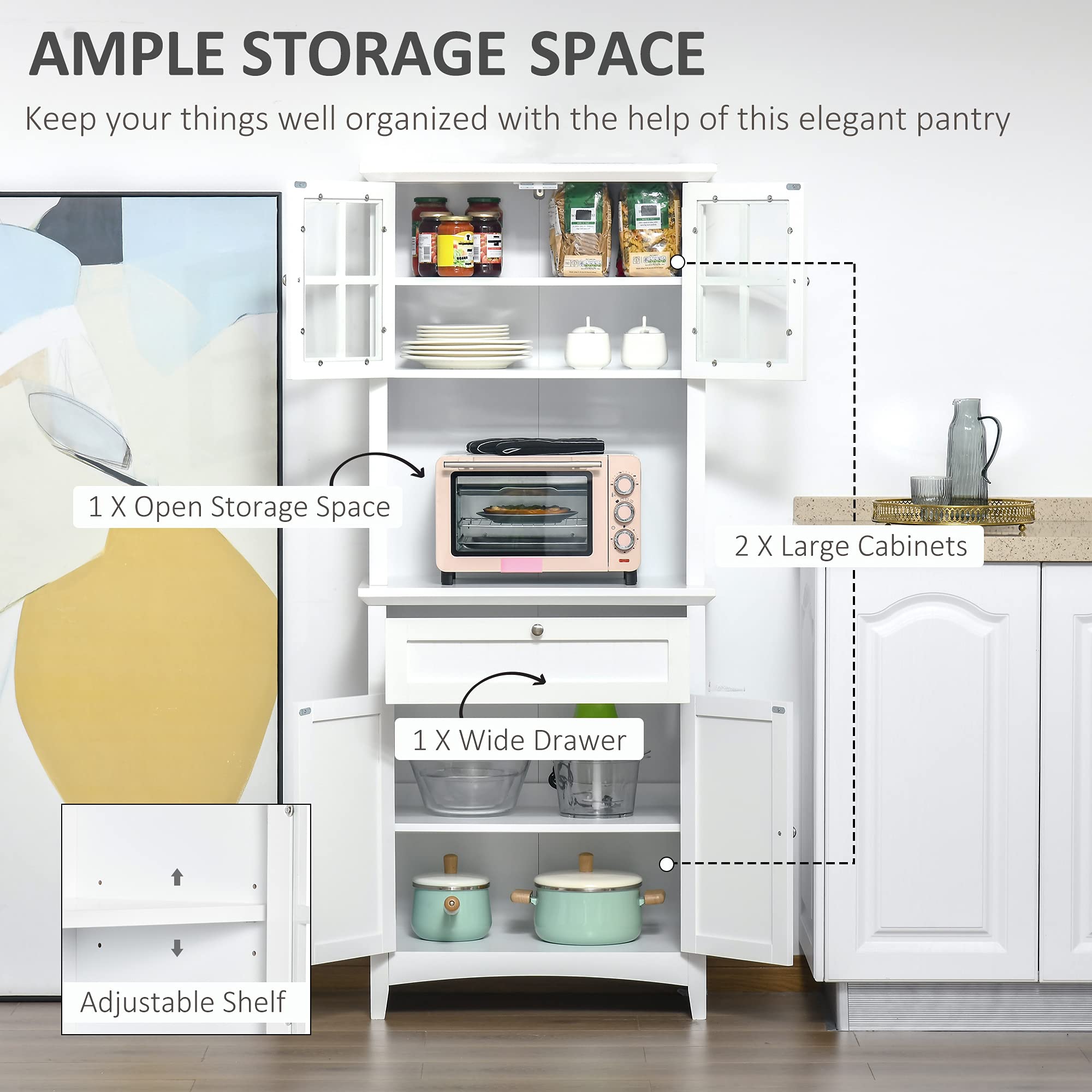 HOMCOM Wooden Kitchen Cupboard with Glass Door & Drawer - Microwave Storage Cabinet for Dining Room & Living Room - White - Perfect for Small Space Organization & Home Decor