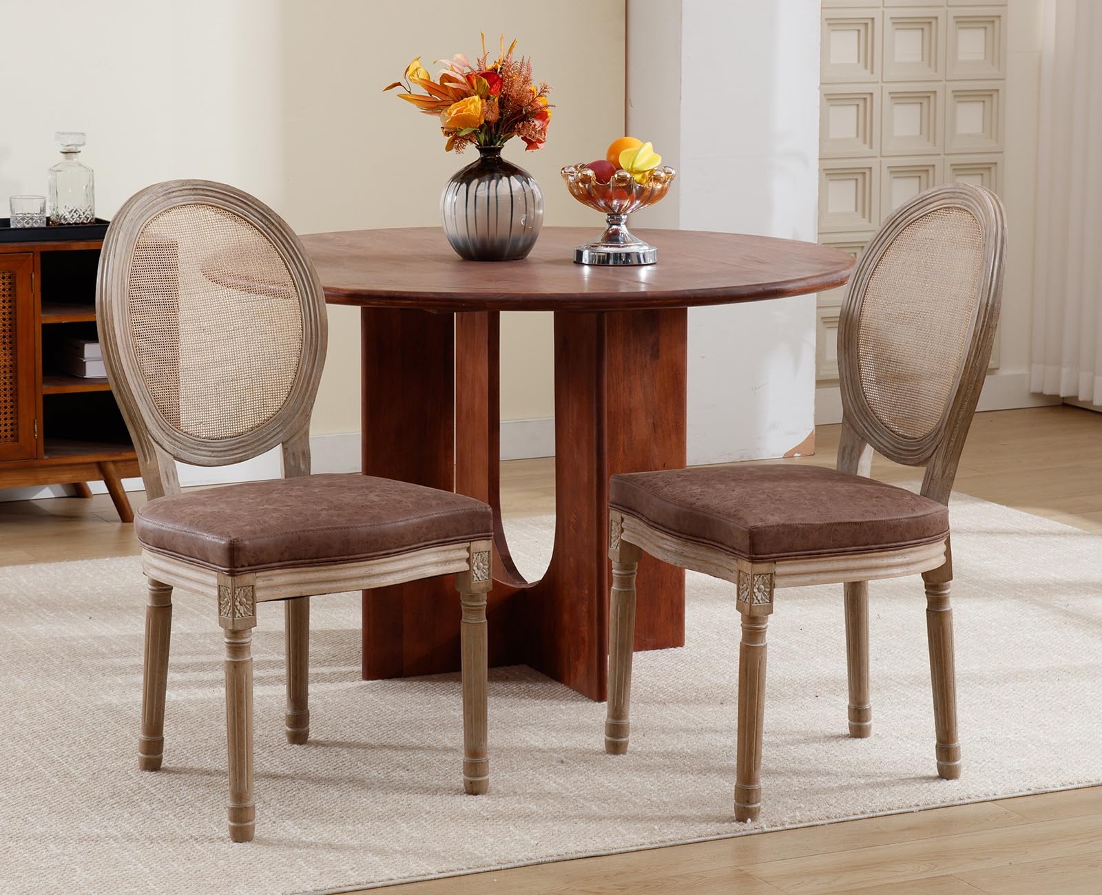 Farmhouse Rattan Dining Chairs Set of 2, Brown Leather French Country Style Round Back Side Chairs for Kitchen, Restaurant, Dining Room & Living Room - Perfect for Indoor Dining, Entertaining Guests & Home Decor