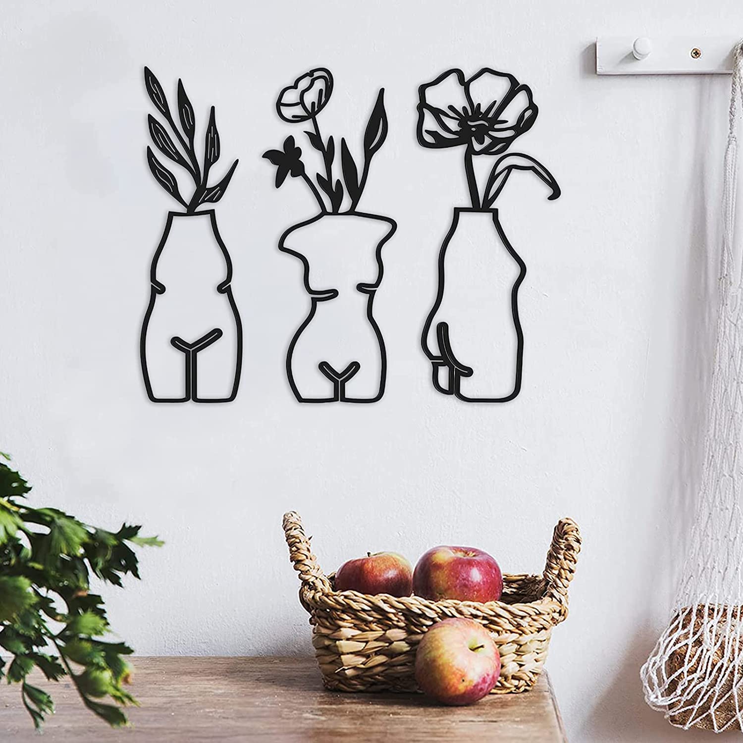 3-Piece Black Metal Wall Art Sculpture - Minimalist Flower & Vase Decor Set for Kitchen, Bedroom, Bathroom | Safety Certified Metal Wire Wall Hangings | Perfect for Home, Office & Gift Giving