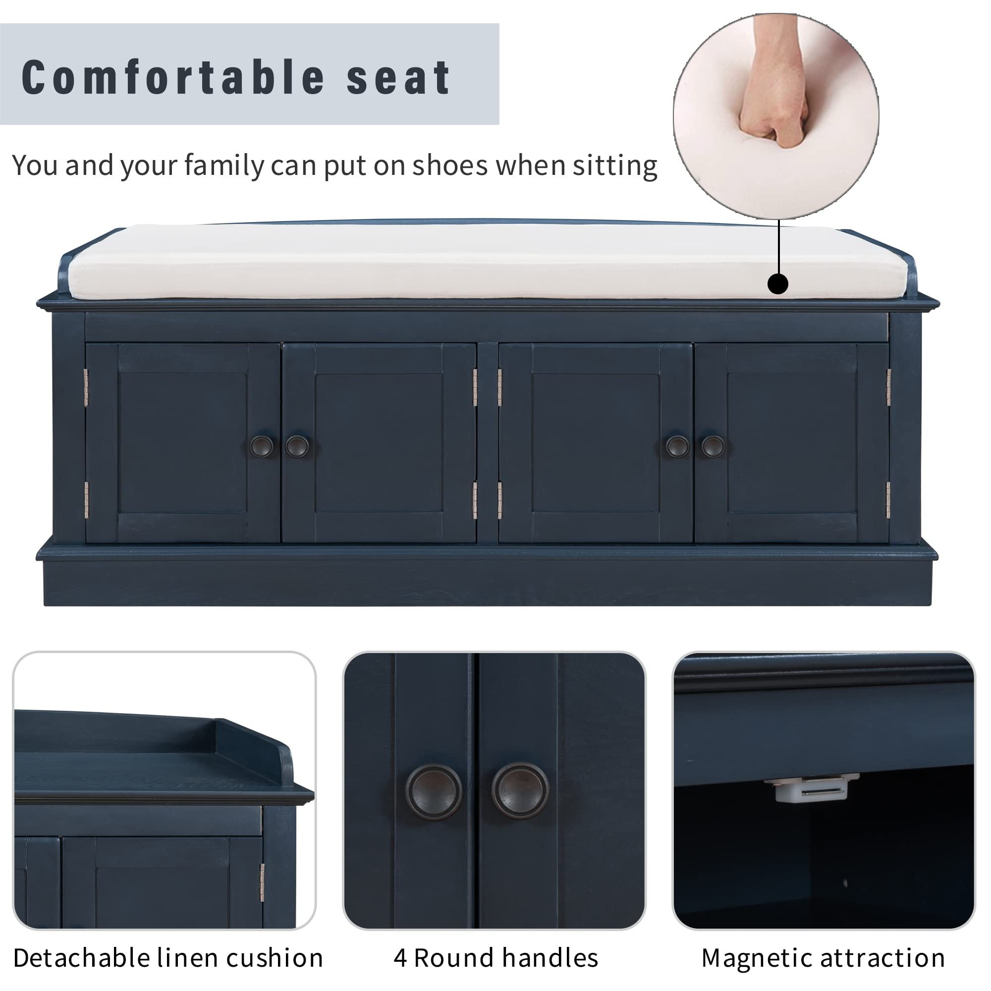P PURLOVE Farmhouse Storage Bench with Adjustable Shelves & Removable Cushion - Wooden Entryway Shoe Bench, Antique Navy - Perfect for Hallway Organization, Mudroom Decor & Cozy Seating