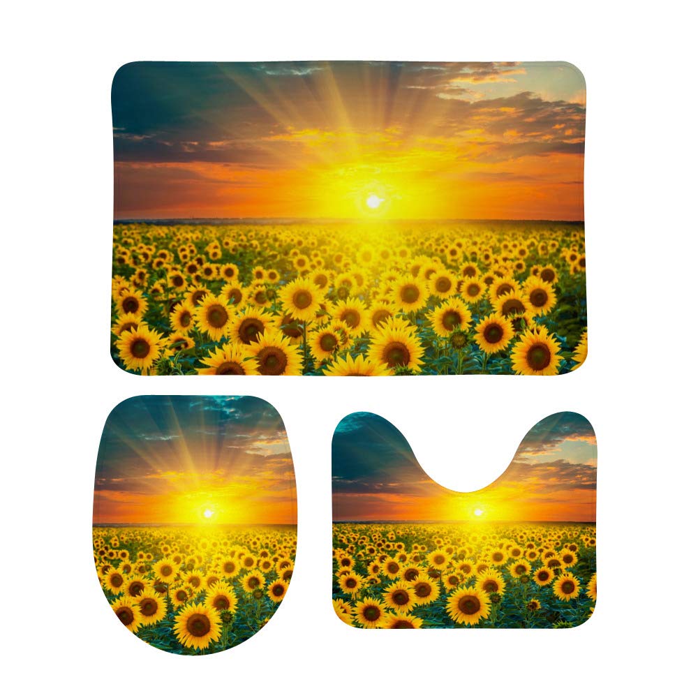 3-Piece Non-Slip Bathroom Rug Set - Ultra Soft Coral Fleece, Super Absorbent & Durable Bath Mats - Shower Carpet for Tub, Bedroom & Entryway - Sunflower Fields at Sunset Design - Perfect for Bathroom Safety, Cozy Home Decor & Gift Giving