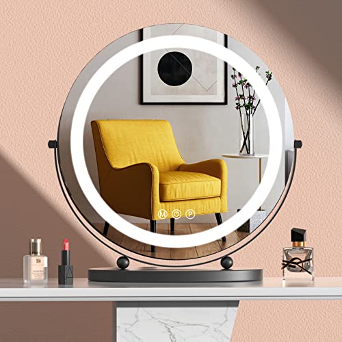 Vanity Mirror with LED Lights - 3 Color Dimmable Makeup Mirror with 360° Rotation, High-Definition Round Mirror for Women (Black) | Perfect for Home Makeup, Salon, Dressing Room & Travel