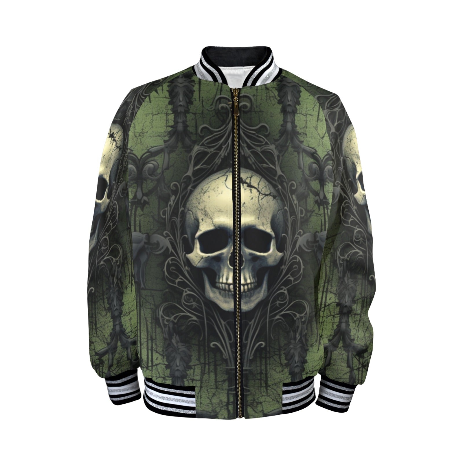 Gothic Green Skull Striped Trim Bomber Jacket for Men & Women | Vintage Punk Rock Style Outerwear | Perfect for Halloween, Concerts and Streetwear Fashion