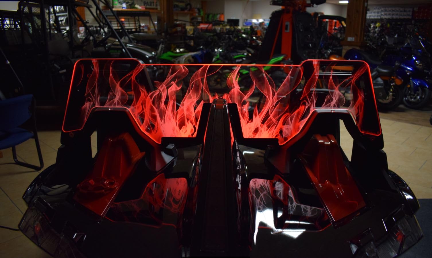 Polaris Slingshot Wind Deflector & Rear Windshield with Flames Laser Graphic - Multi-Color LED Lights with Dimmer Remote - Bundle Deal for Roadster Protection & Style | Perfect for Highway Cruising & Night Driving