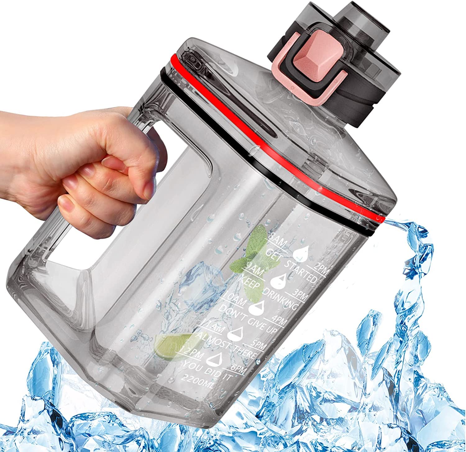 AWOKZA 2.2L/64oz Large Water Bottle with Time Marker - BPA Free, Leakproof Reusable Gallon Jug with Handle, Strap & Chug Lid - Perfect for Gym, Sports, Hiking, Travel and Outdoor Activities (Black)