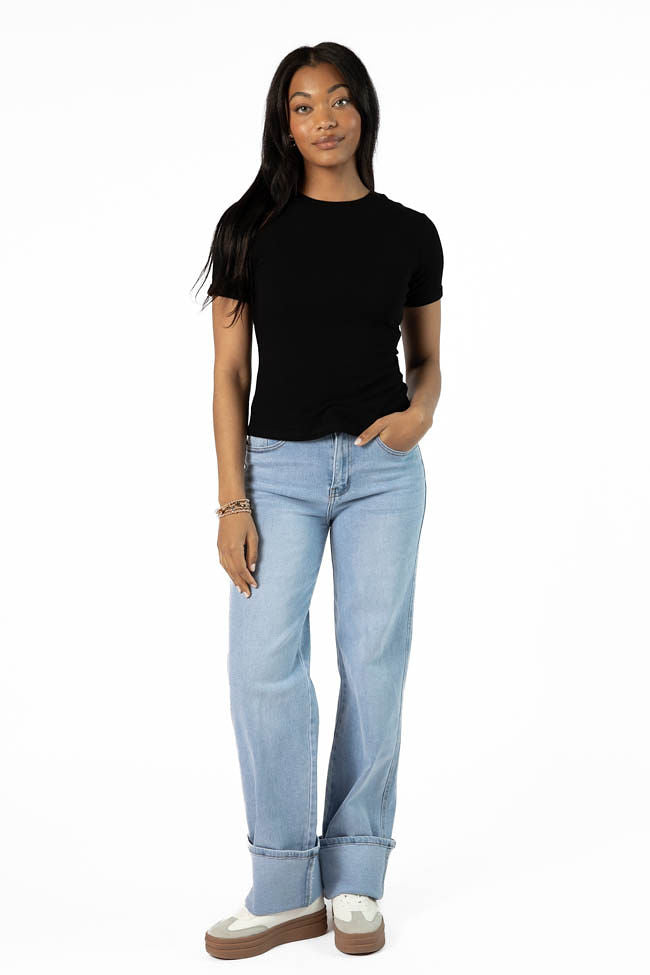 Everyday Essential Black Ribbed Crew Neck Tee for Men & Women - Soft Cotton Casual T-Shirt - Perfect for Work, Gym, and Weekend Outfits