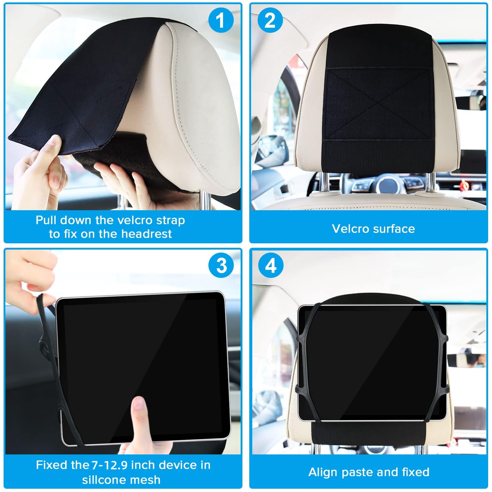 BIGASUO 2 Pack Car Headrest Tablet Mount Holder - Adjustable Angle Anti-Slip Strap for 7-12.9 Inch iPads & Tablets - Perfect for Kids Entertainment on Road Trips & Long Drives