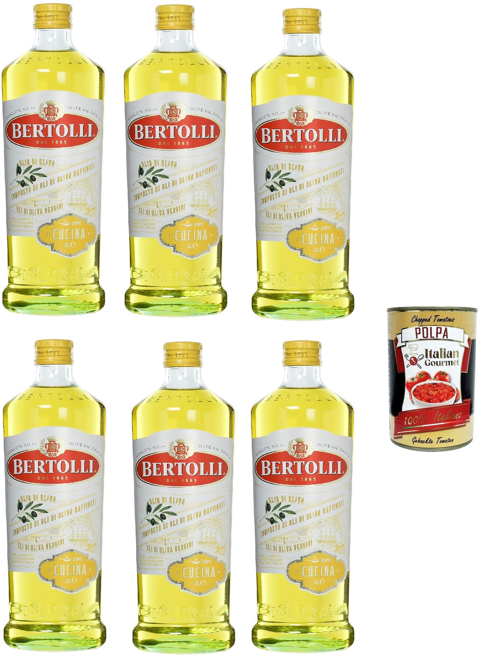 Bertolli Extra Virgin Olive Oil 6-Pack (6 x 1000ml) & Italian Gourmet Tomato Pulp 400g - Premium Cooking Oil for Pasta, Salads & Mediterranean Recipes