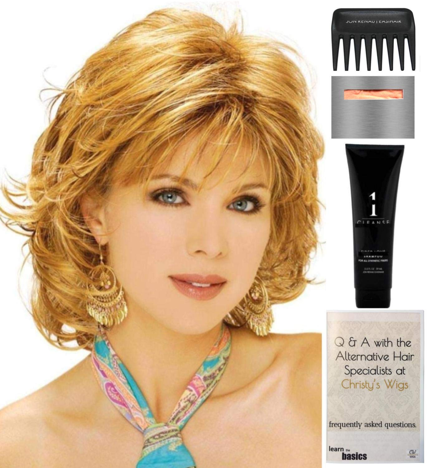 Angela Wig by Estetica - 5 Piece Bundle with Christy's Wigs Q&A Booklet, Travel Size Wig Shampoo (2oz), Wig Cap & Wide Tooth Comb - Color R26/613 | Perfect for Cosplay, Costume Parties & Everyday Wear