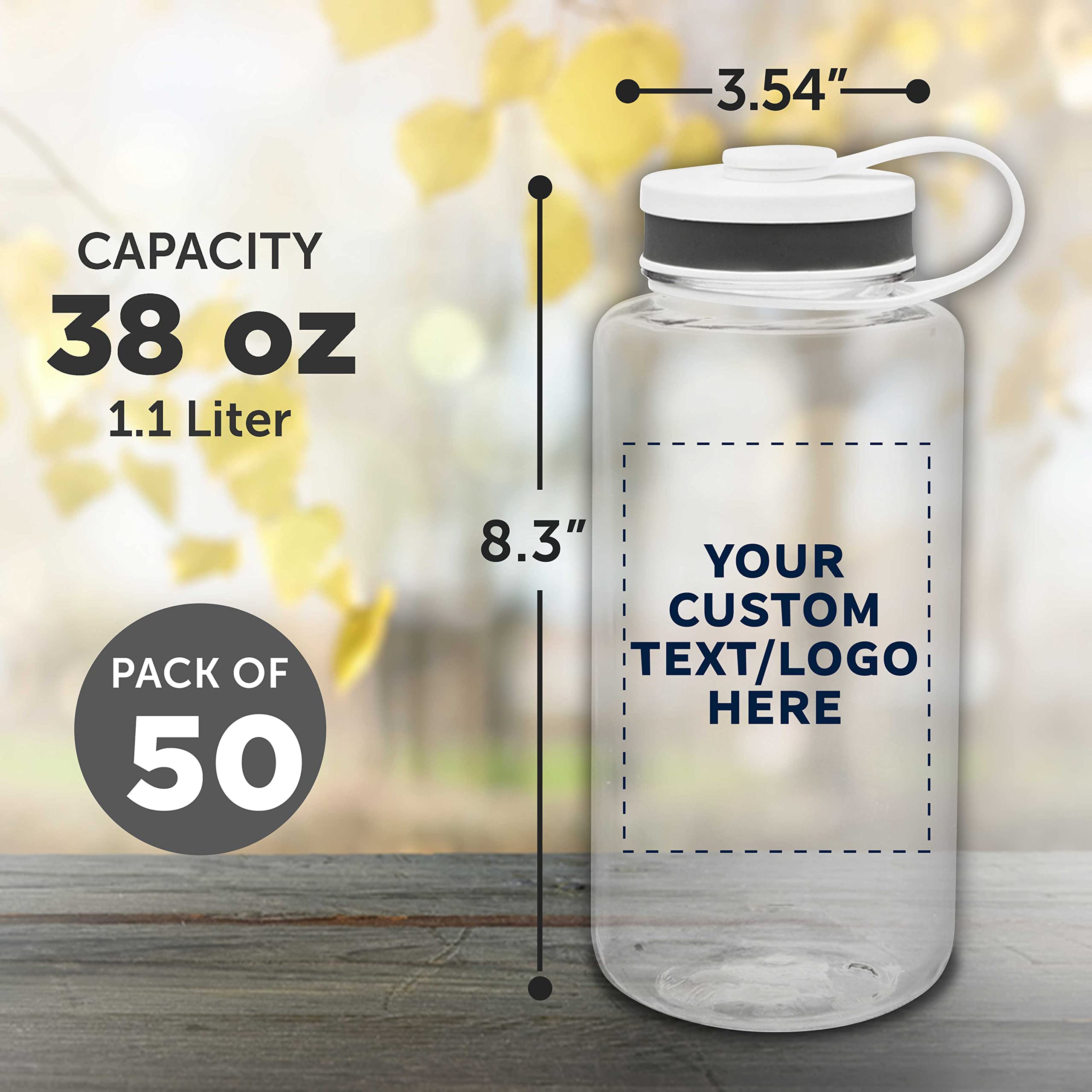 Custom 38 oz Plastic Sports Water Bottles with Flip Lid - Bulk Pack of 50 - Personalized Hydration Bottles for Gym, Hiking, Cycling - Clear Reusable Water Bottles for Camping, Backpacking & School Activities