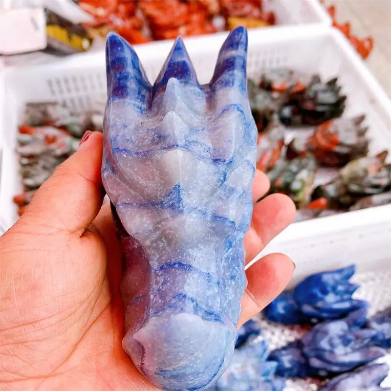 13CM Natural Blue Aventurine Carved Crystal Agate Dragon Skull Statue - Healing Crystal, Feng Shui Decor, Reiki Gift - Perfect for Meditation, Home Office Decoration & Spiritual Healing (1 Piece)