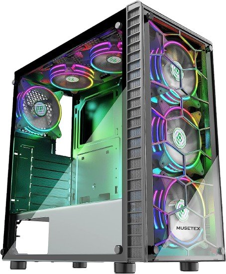 Musetex G06S6 B Mid Tower Gaming PC Case - High Airflow, Tempered Glass, RGB Lighting - Perfect for Gaming Rigs & Custom Builds