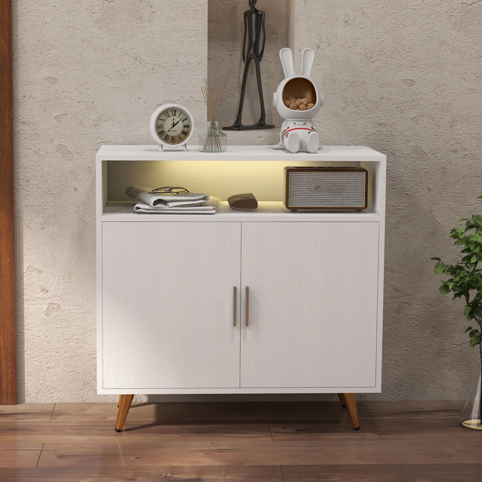Bonzy Home White Shoe Storage Cabinet with Sensor Light - Entryway Hallway Organizer with Doors & Shelves for Living Room, Bedroom, or Closet - Space Saving Furniture for Small Apartments