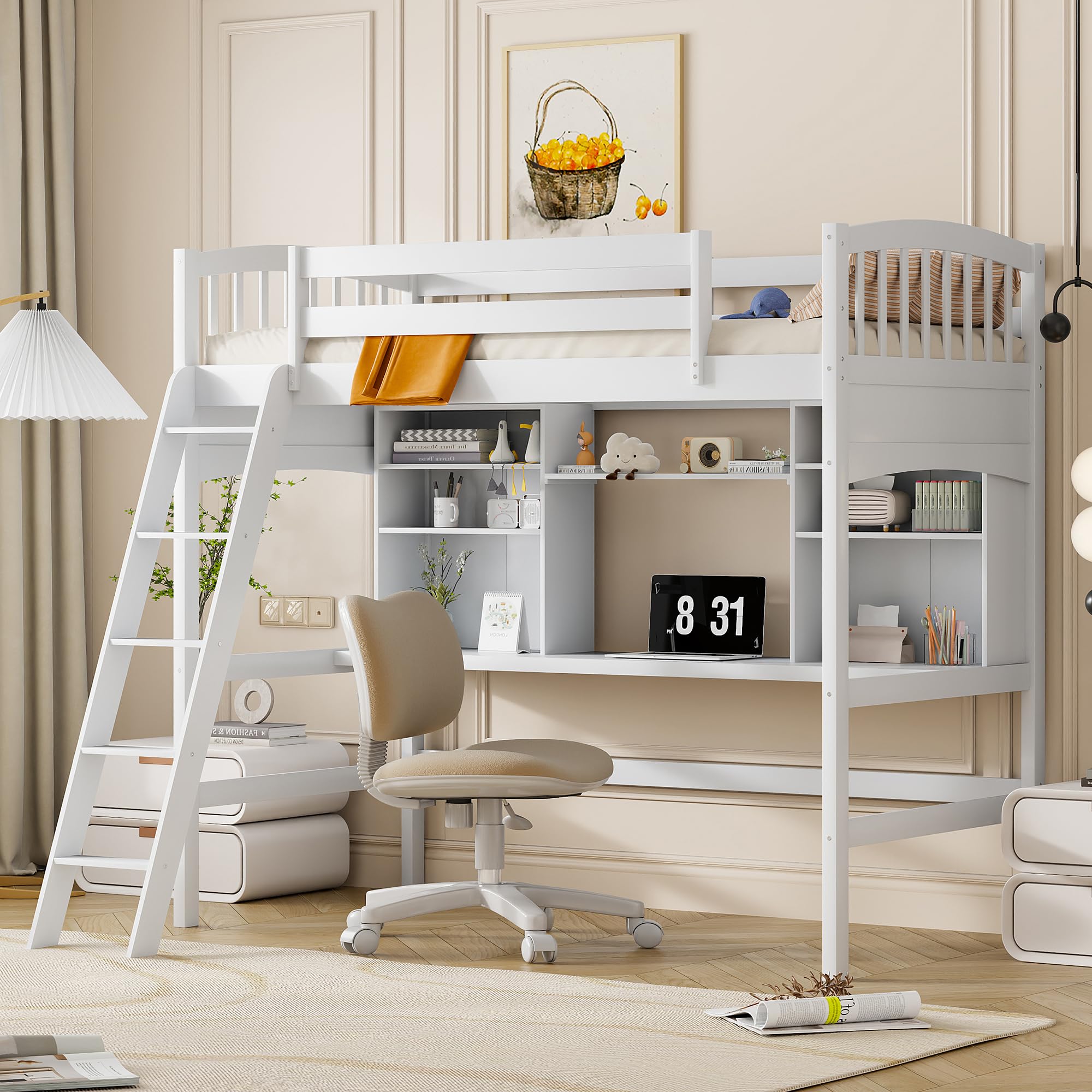 Merax Twin Loft Bed with Desk - Solid Wood Twin Size Loft Bed Frame with Shelves in White | Space-Saving Kids Bedroom Furniture for Small Rooms & Dorm Organization