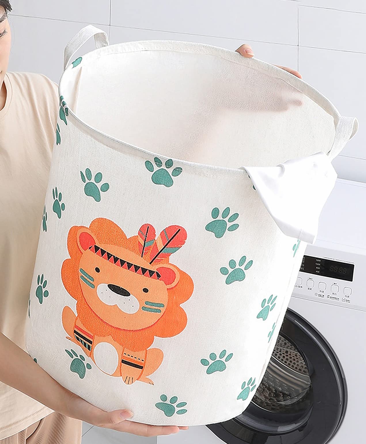 Wolpin Waterproof Laundry Bag & Toy Storage Organizer - Foldable, Moistureproof, Large 63L Capacity with Handles (Lion White, Cotton) - Perfect for Kids' Room, Travel, Camping & Home Organization