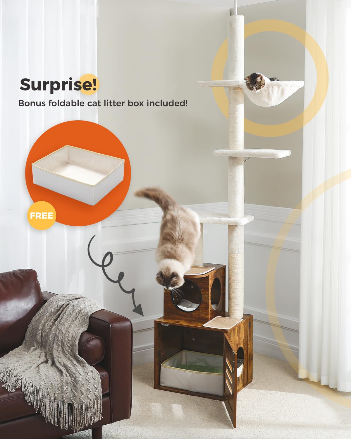 Premium MUTTORS Cat Tree Floor to Ceiling - Adjustable Height 90.6-110.2 Inch Cat Tower with 6 Tiers, Scratching Post & Litter Box Enclosure - Modern Rustic Brown Cat Condo for Indoor Cats - Perfect for Small Spaces & Multi-Cat Homes