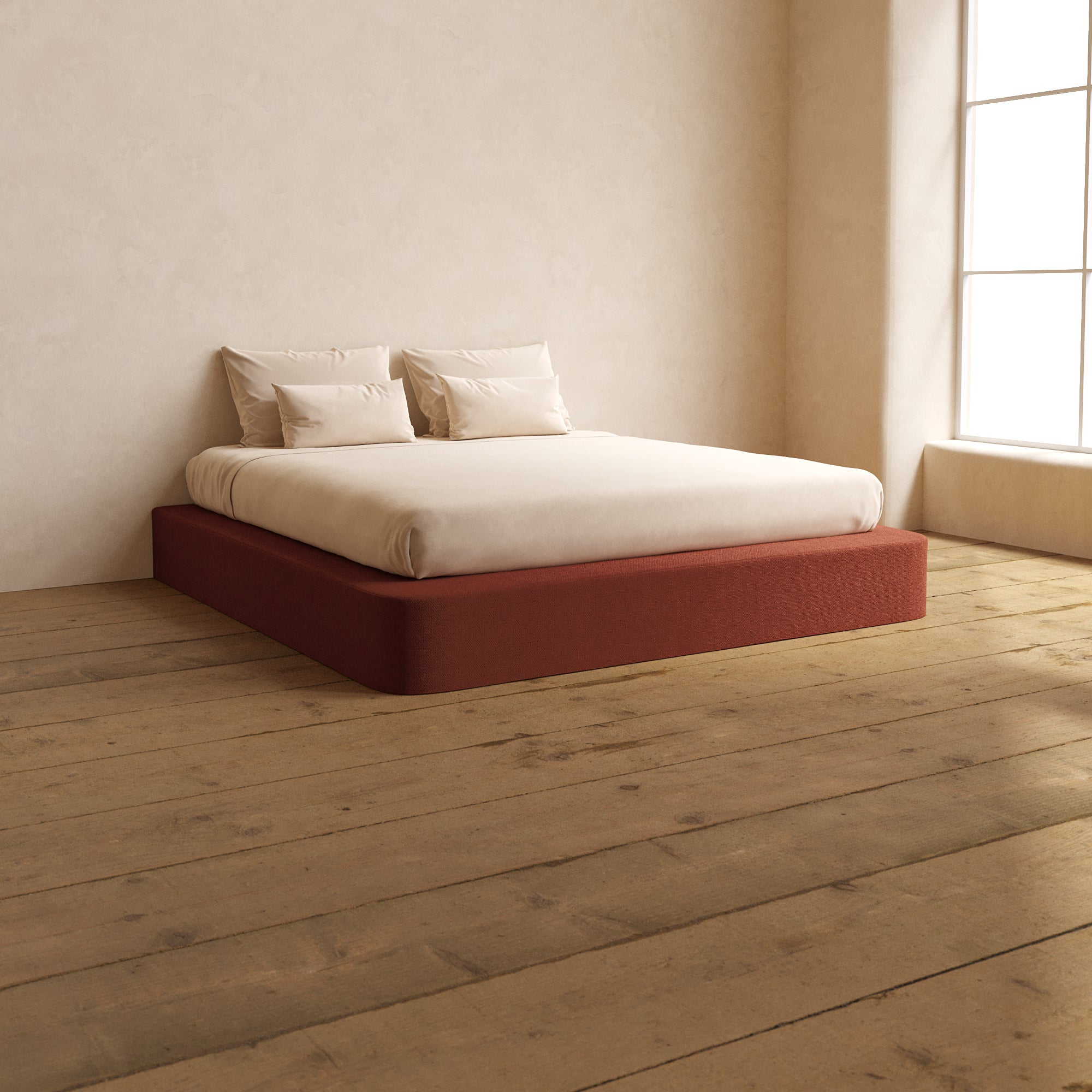 King Upholstered Platform Bed with Knit Velvet Fabric in Rust Color - Modern Bedroom Furniture for Master Suite, Guest Room & Apartment