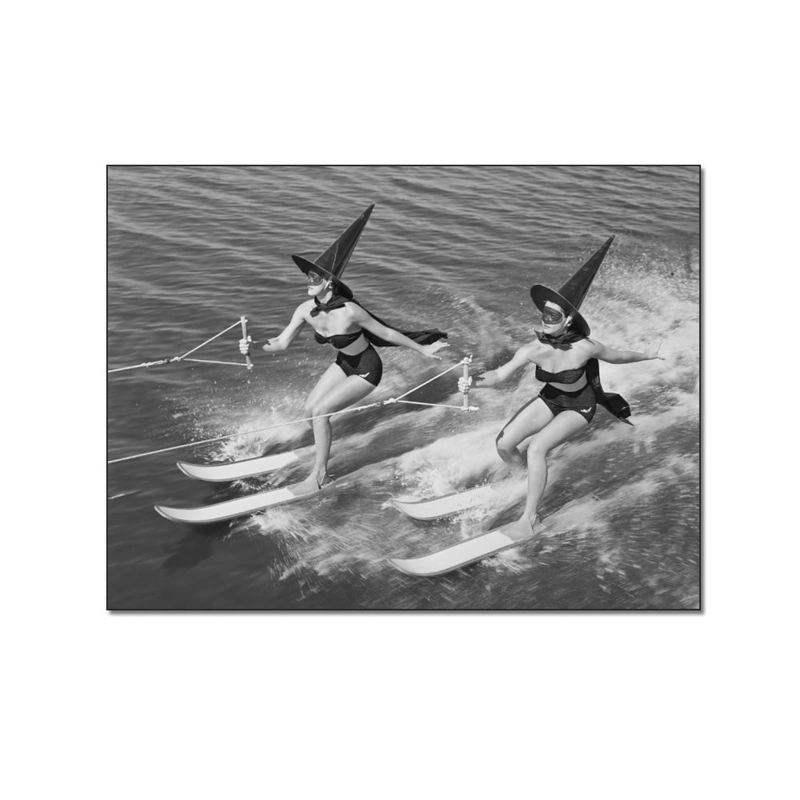 Witches Water Skiing Vintage Black and White Wall Art - Spooky Beach Vibes Canvas Print, Museum Quality Photo Poster for Living Room, Bedroom Decor | Halloween, Gothic, Retro Beach Style Home Decor