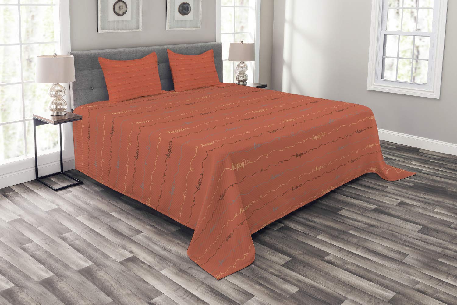 Ambesonne 3-Piece King Size Bedspread Set with Dark Coral Backdrop - Hope Love Happy Lettering, Decorative Coverlet & 2 Pillow Shams in Dark Brown | Perfect for Master Bedroom, Guest Room & Cozy Home Decor