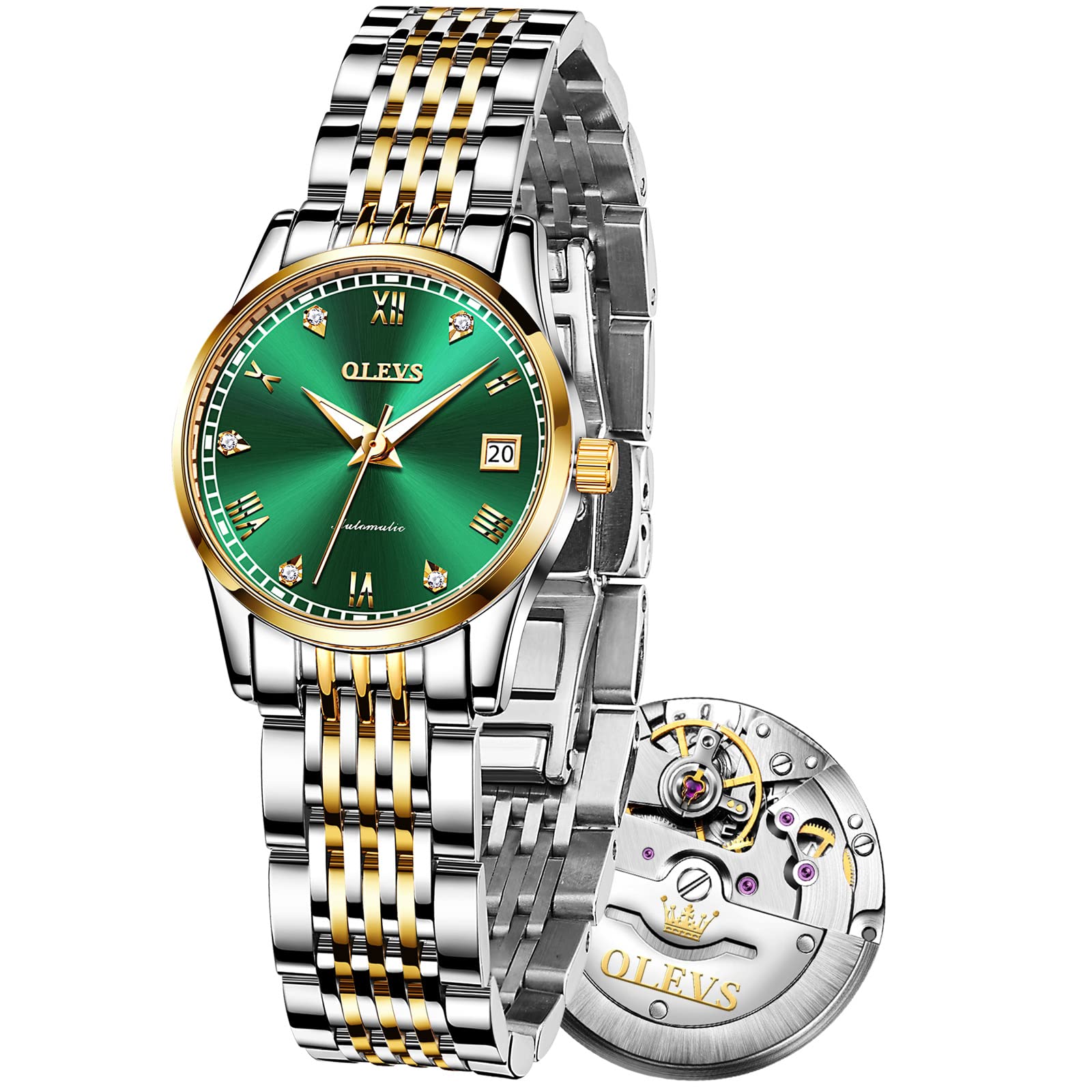 Luxury Women's Automatic Watches - Stainless Steel Dress Watch with Gold & Silver Tone Bracelet (Gold/Black/Green/White Dial) | Elegant Timepiece for Business, Party & Everyday Wear