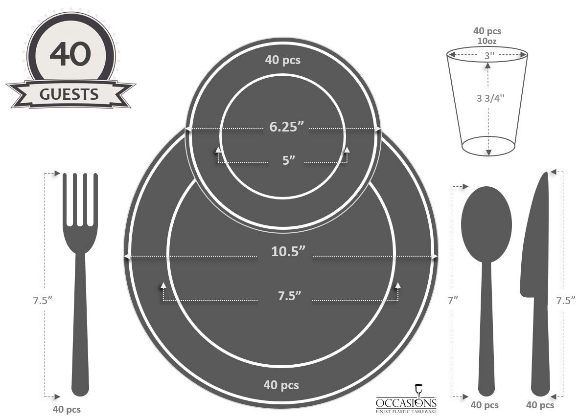 280-Piece Heavyweight Disposable Plastic Plate Set for Weddings & Parties - 40 x 10.5'' Dinner Plates + 40 x 6.25'' Dessert Plates + Silverware + Cups + Napkins (White & Silver) - Elegant Tableware for 40 Guests - Perfect for Wedding Receptions, Bridal Showers & Formal Events