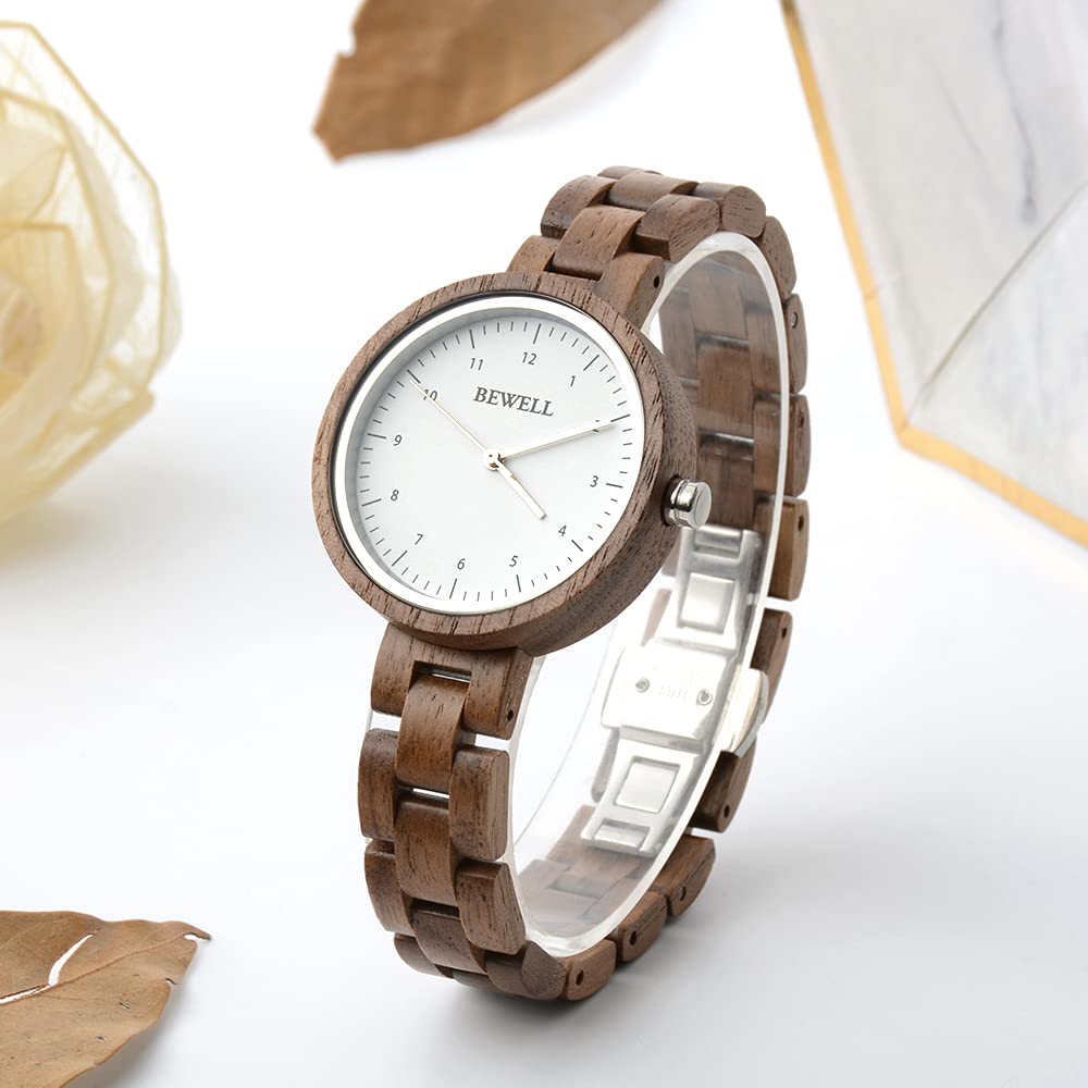 BEWELL Women's Wooden Watches - Handmade Lightweight Adjustable Wooden Band Quartz Wristwatch - Perfect for Casual Wear, Office & Outdoor Activities