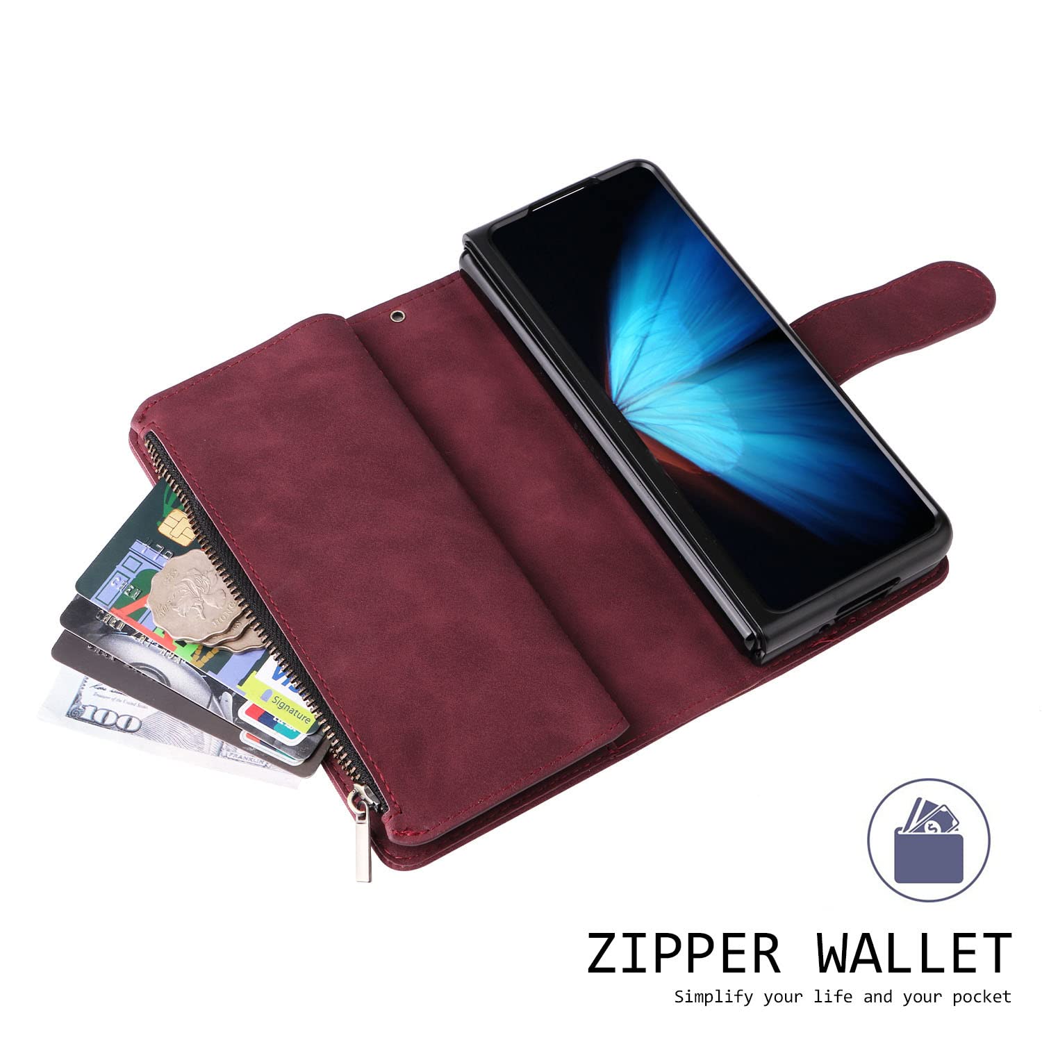 Samsung Galaxy Z Fold 4 Magnetic Leather Wallet Case with 6 Card Slots & Hand Strap - Shockproof Flip Cover with Zipper Pocket & Stand Feature for Z Fold 4 - Perfect for Business, Travel & Daily Use (Red)