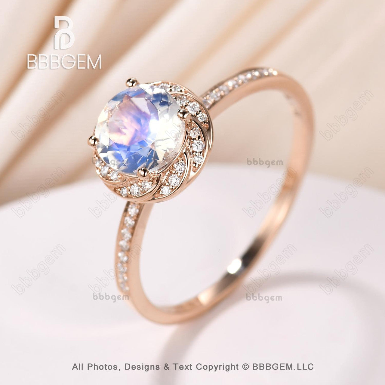 Rose Gold Natural Rainbow Moonstone Engagement Ring with Halo Diamonds - Elegant Wedding Band for Women, Perfect for Proposals, Anniversaries & Bridal Jewelry