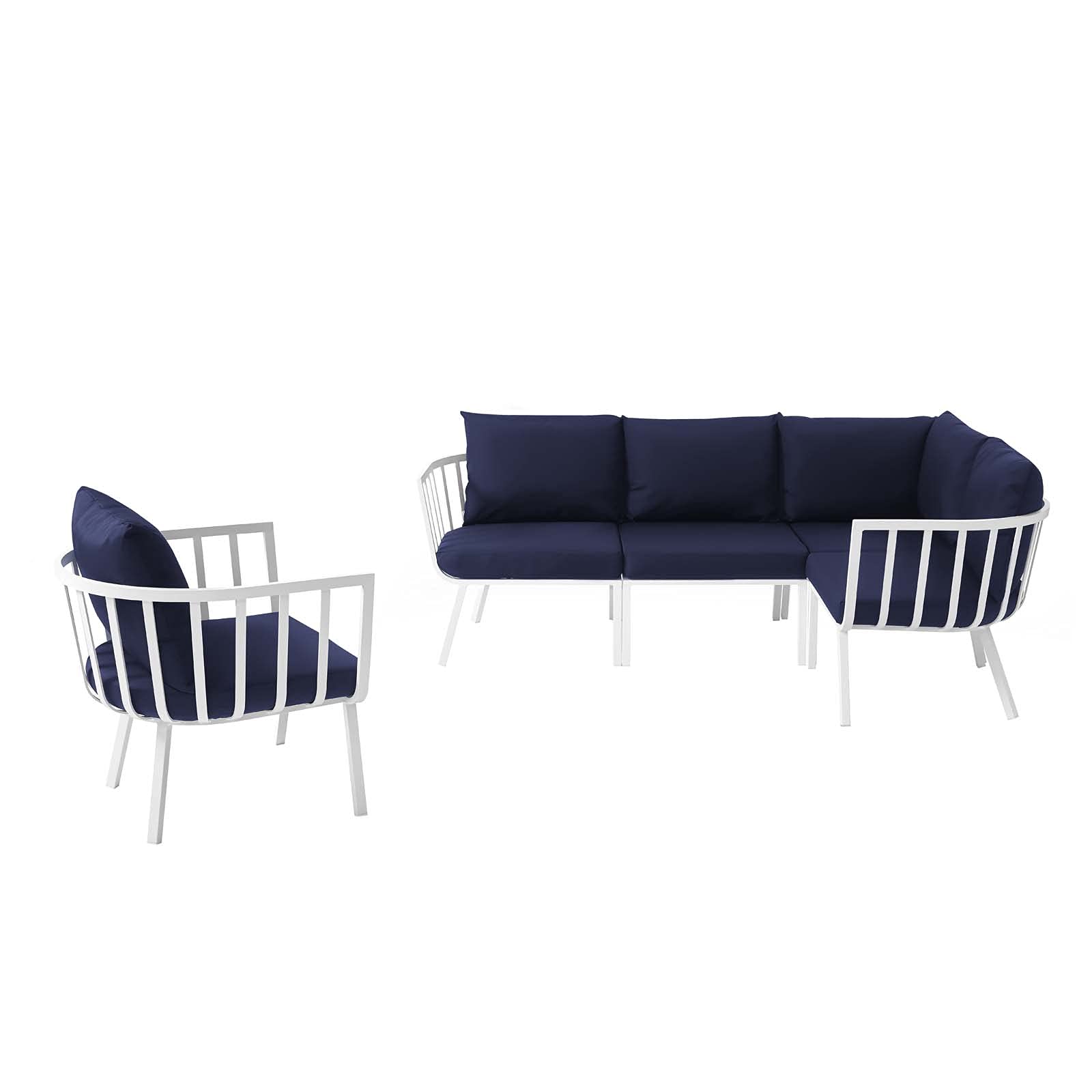 Modern Aluminum Lounge Sectional Sofa Chair Set in White, Blue, Navy – Durable Metal Outdoor Patio Furniture for Cafe, Bistro, and Garden Relaxation