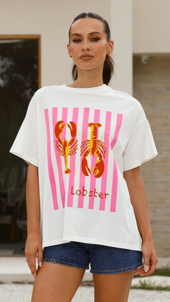 Stylish Lobster Print T-Shirt for Men & Women - Soft Cotton White & Pink Tee - Casual Wear, Beach Outfit, Summer Fashion