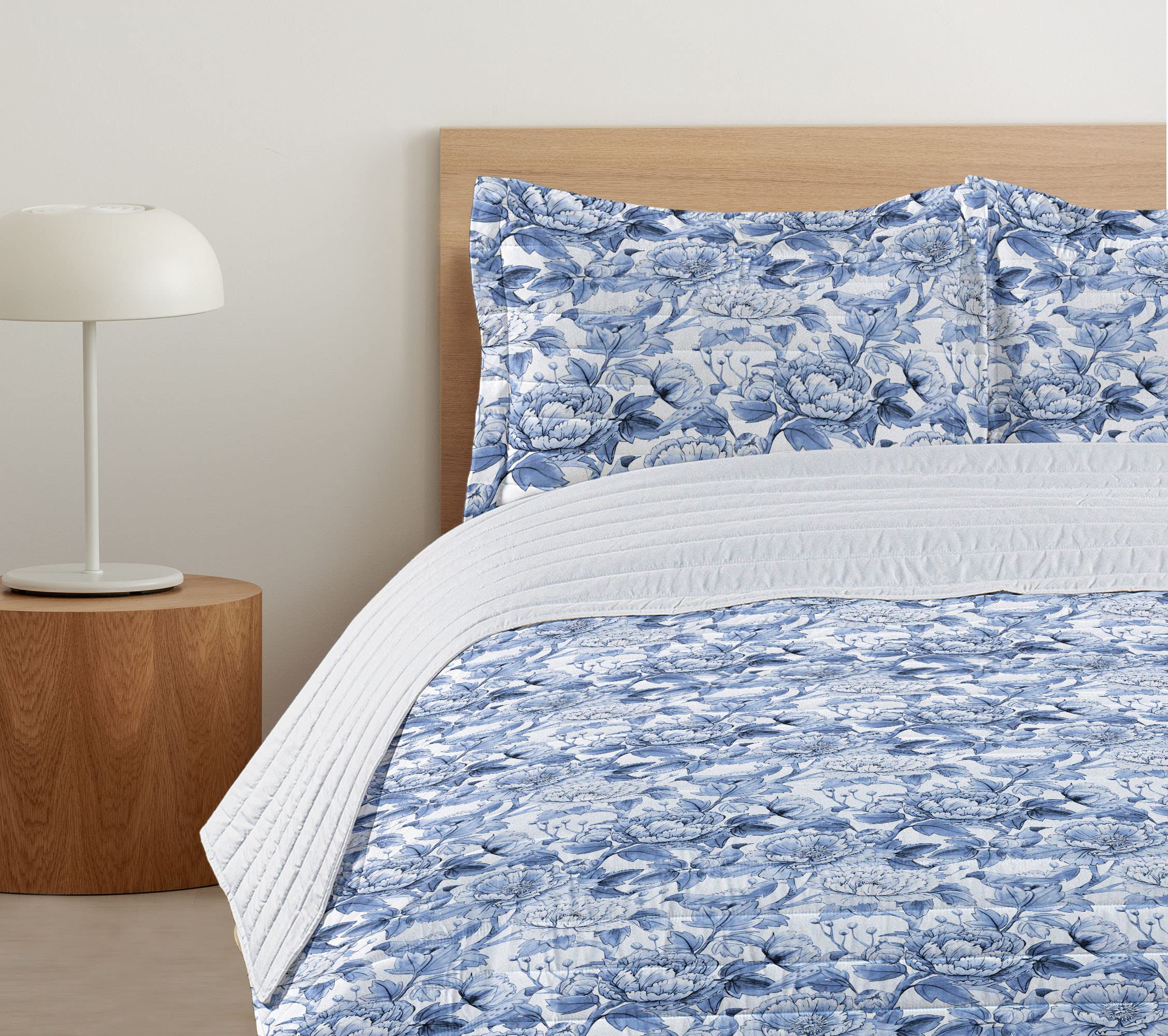 Ambesonne King Size Floral Microfiber Bedspread Set - Pastel Blue and White Blooming Peonies & Birds Design - Soft Comforter with Pillow Shams - Perfect for Spring Bedroom Decor, Guest Room Makeover & Cozy Home Styling